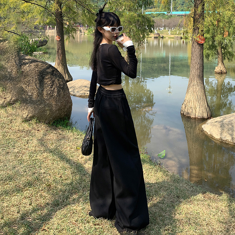 Ženske hlače s ravnim krojem i širokim nogama, visokim strukom, brušena tkanina, pamuk-poliester mješavina