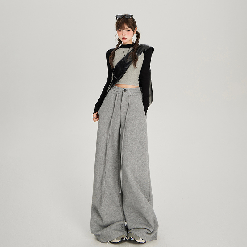 Ženske hlače s ravnim krojem i širokim nogama, visokim strukom, brušena tkanina, pamuk-poliester mješavina