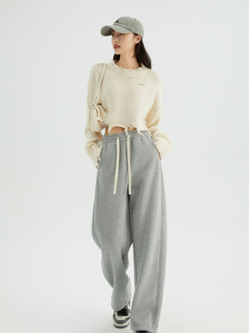 Široké bavlnené nohavice so stredným pásom, voľný strih, Glutinous Rice Cotton 70–80% s Spandex <30%, mimoriadne hrubé