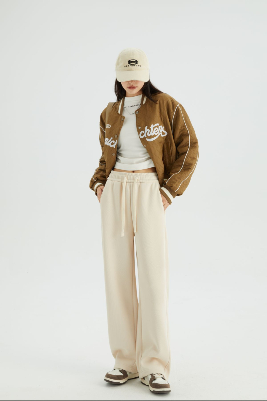 Široké bavlnené nohavice so stredným pásom, voľný strih, Glutinous Rice Cotton 70–80% s Spandex <30%, mimoriadne hrubé