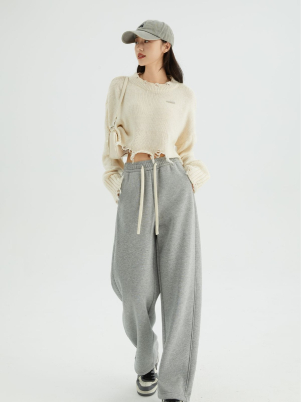 Široké bavlnené nohavice so stredným pásom, voľný strih, Glutinous Rice Cotton 70–80% s Spandex <30%, mimoriadne hrubé
