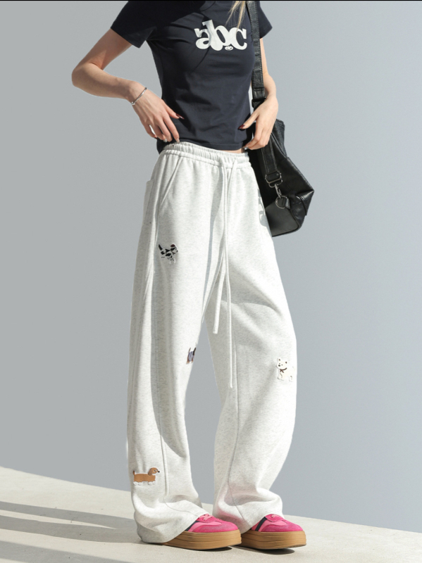 Pantaloni de trening casual pentru femei, croială dreaptă, broderie cu cățeluși desenați, amestec bumbac-poliester, talie înaltă, micro-elastic
