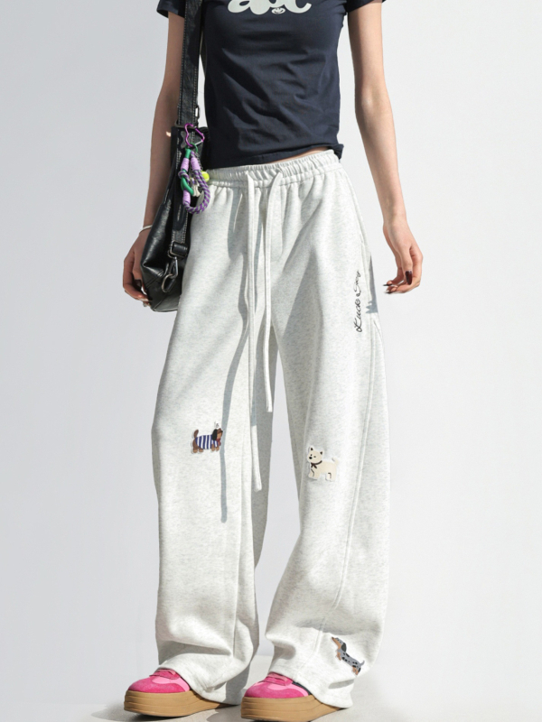 Pantaloni de trening casual pentru femei, croială dreaptă, broderie cu cățeluși desenați, amestec bumbac-poliester, talie înaltă, micro-elastic