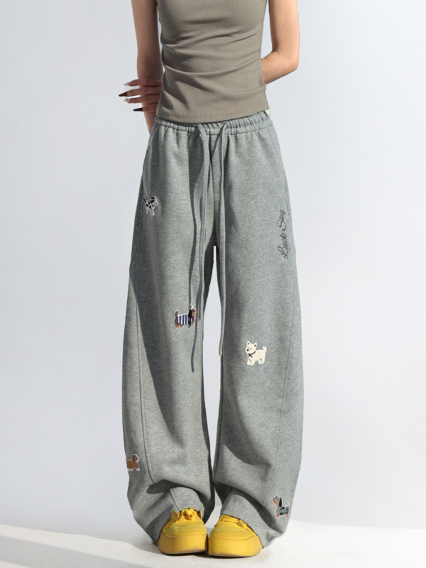 Pantaloni de trening casual pentru femei, croială dreaptă, broderie cu cățeluși desenați, amestec bumbac-poliester, talie înaltă, micro-elastic
