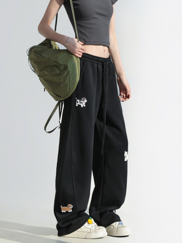 Pantaloni de trening casual pentru femei, croială dreaptă, broderie cu cățeluși desenați, amestec bumbac-poliester, talie înaltă, micro-elastic