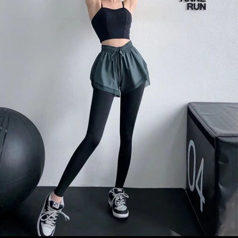 Ženske sportske hlače s lažnim dvodijelnim izgledom, visokim strukom, elastična mrežasta tkanina, brzo sušeće, culotte stil
