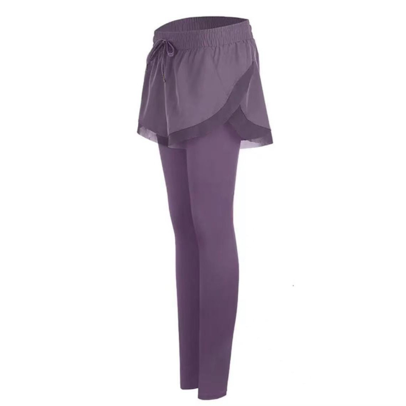 Ženske sportske hlače s lažnim dvodijelnim izgledom, visokim strukom, elastična mrežasta tkanina, brzo sušeće, culotte stil