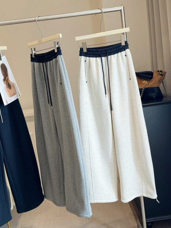 Pantaloni casual de damă din bumbac cu croială largă, talie înaltă, micro-elastici, 50–70% bumbac / 30–50% poliester, Iarna 2025