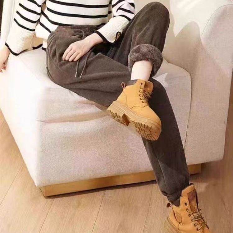 Damske hlače od tkanine s flis podstavom, debele, visok pojas, opušten kroj, jogger harém stil