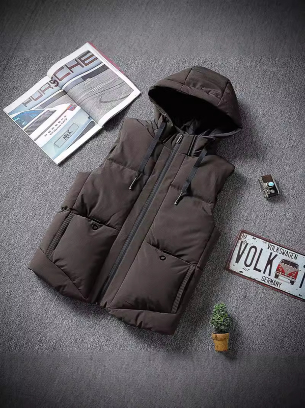 Muška pamučna bezrukavna vest s stojećim ovratnikom, zipom, jednofarbna, patch džepovi, ribani rub (90% pamuk, podstava)