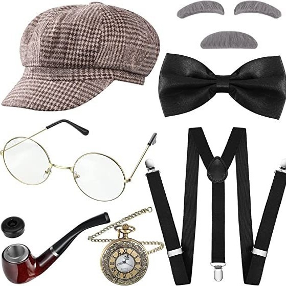 Комплект реквизити за грим за костюм: берет, очила, фалшиви вежди, брада, джобен часовник и презрамки – плат, шиене, без персонализация