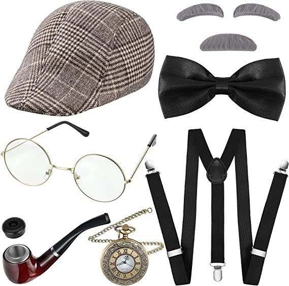Комплект реквизити за грим за костюм: берет, очила, фалшиви вежди, брада, джобен часовник и презрамки – плат, шиене, без персонализация