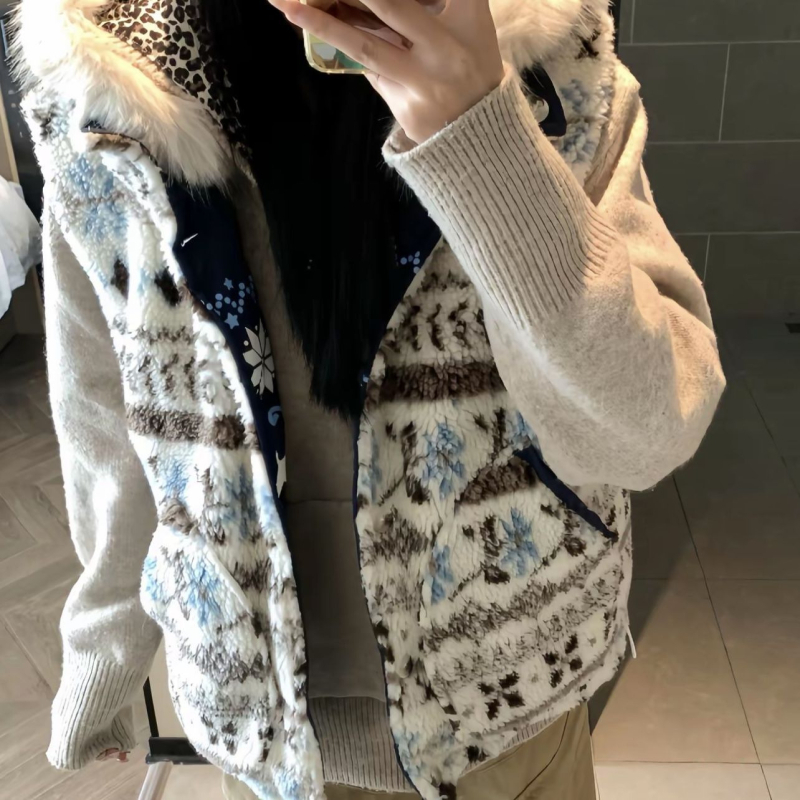 Dvostrani reversibilni prsluk s debelim flisom, američki stil patchwork, vanjski materijal poliester, punilo poliester vlakno