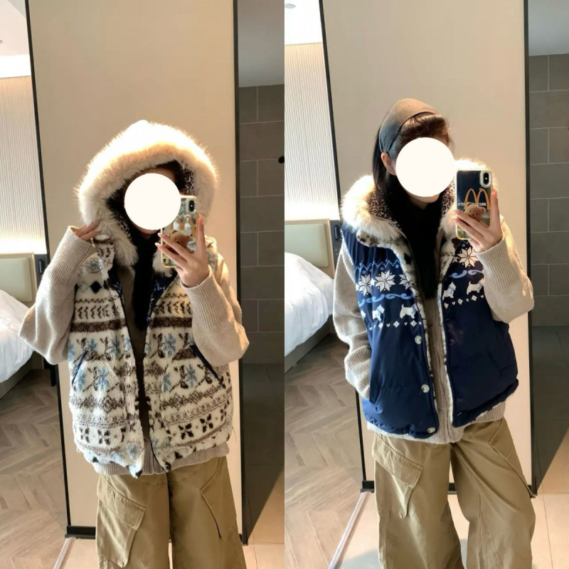 Dvostrani reversibilni prsluk s debelim flisom, američki stil patchwork, vanjski materijal poliester, punilo poliester vlakno