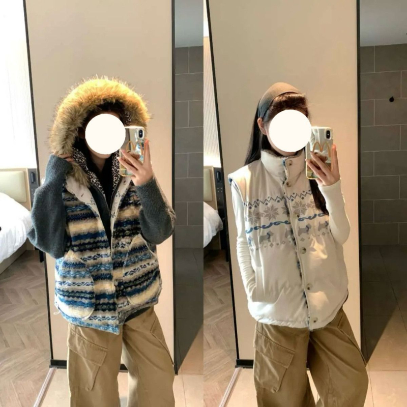 Dvostrani reversibilni prsluk s debelim flisom, američki stil patchwork, vanjski materijal poliester, punilo poliester vlakno