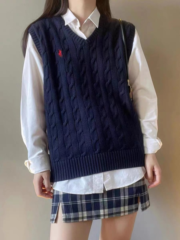 Ženski vuneni vest s V-izrezom, bez rukava, široke siluete, pleteni kabel uzorak, fakultetski stil, jesen-zima