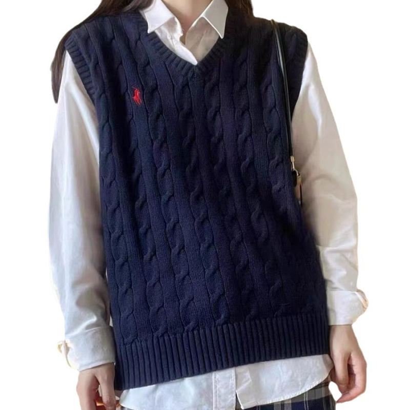 Ženski vuneni vest s V-izrezom, bez rukava, široke siluete, pleteni kabel uzorak, fakultetski stil, jesen-zima