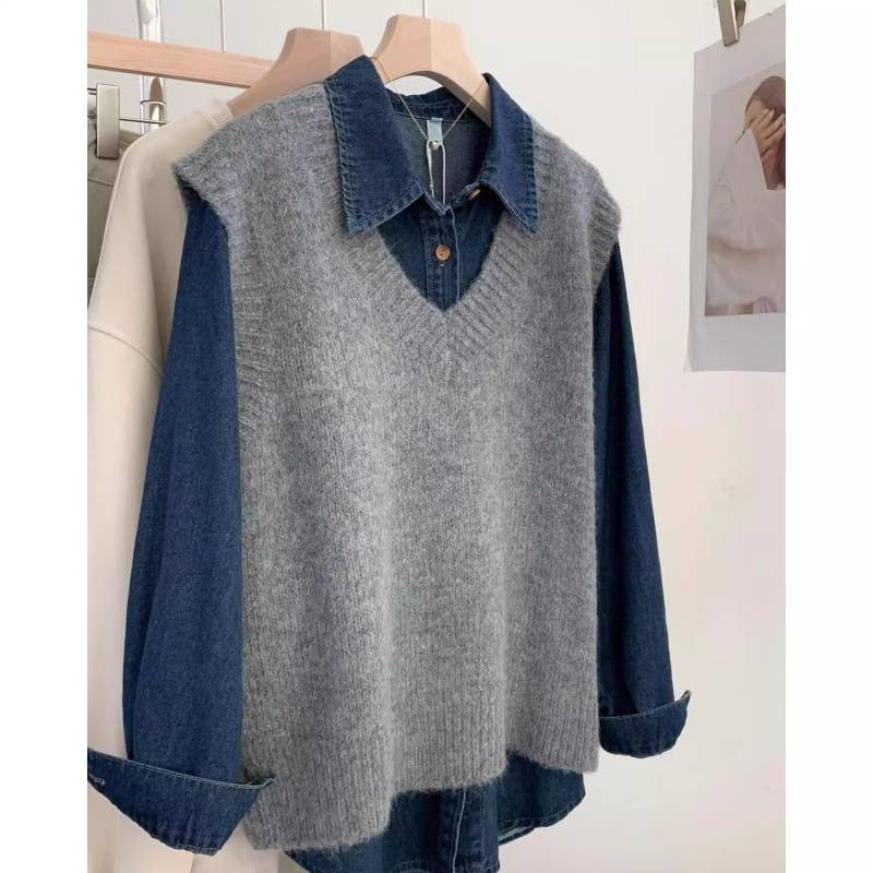 Ženski vest s polo ovratnikom, pleteni od pamuka s elastanom <30%, jednobojna, slobodan kroj, proljeće 2025