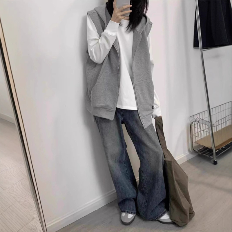 Ženski kapucijasti pulover-vest, japanskog stila, širokog kroja, poliester smjesa 30-50%