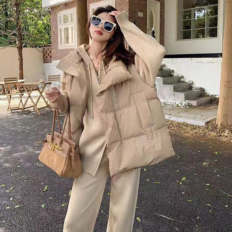 Sieviešu poliestera veste ar stāvošu apkakli un rāvējslēdzēju, brīvā piegriezuma, Korejas stils