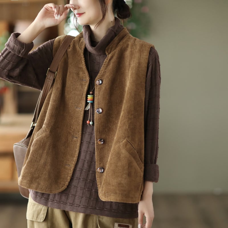 Cordurový vest z bavlny, voľný strih, V výstrih, jednobarevný vzor, literárno-umelecký retro štýl, obsah bavlny 50–70%