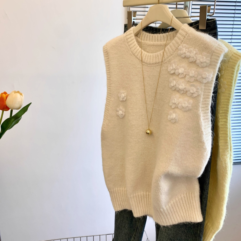 Ženska pletena vesta s 3D cvjetnim uzorkom i okruglim izrezom za jesen – elegantan vanjski komad