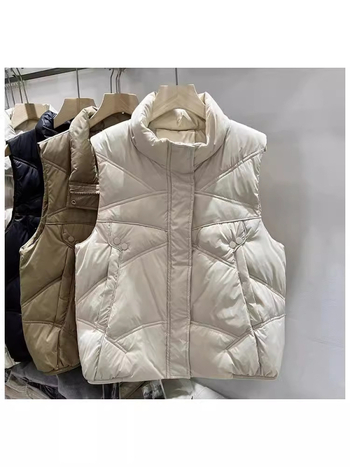 Dámska vesta s výplňou z páperia a bavlny, stojací golier, zips, polyester, stredná dĺžka (50–65 cm)