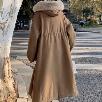 Ženska kapuljača parkas s krznom ovratnikom, dugačak kaput s flis podstavom, punilo poliester-bavlna, tkanina poliester 95%+, zima 2024