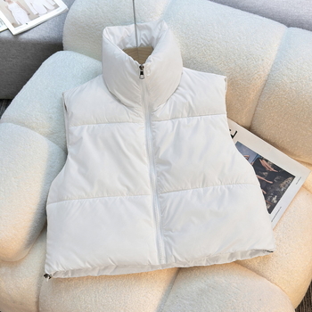 Sieviešu bezrāvēju veste ar stāvošu apkakli, rāvējslēdzējs, brīvs piegriezums, īss garums, poliestera audums ar kokvilnas pildījumu