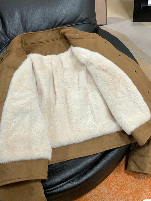 Jakna od Chenille-Spandex materijala, jednofarbna, ravni kroj, debeli materijal, polo ovratnik, dugi rukavi, obična duljina, jesen 2025
