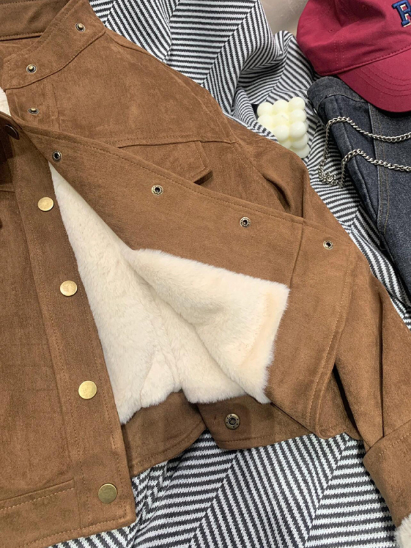Jakna od Chenille-Spandex materijala, jednofarbna, ravni kroj, debeli materijal, polo ovratnik, dugi rukavi, obična duljina, jesen 2025