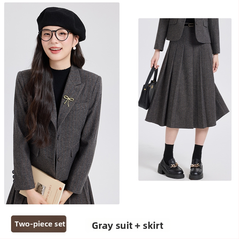 Женски костюм от полиестрово-вълнена смес — двукомпонентен комплект: сако и миди пола, зимен сезон 2025, елегантно офис облекло