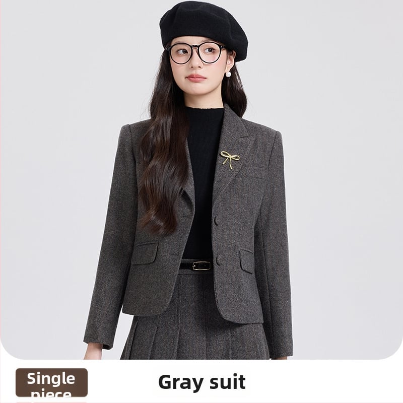 Женски костюм от полиестрово-вълнена смес — двукомпонентен комплект: сако и миди пола, зимен сезон 2025, елегантно офис облекло