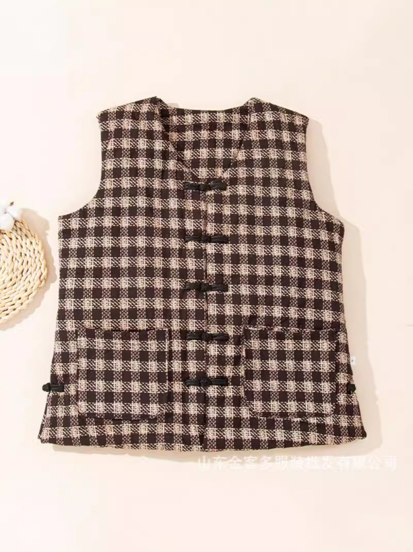 Sieviešu kokvilnas veste ar Lycra, kokvilnas pildījums, galvenā auduma sastāvs: kokvilna, V kakls, plaid raksts