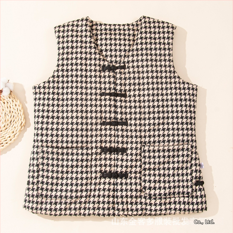 Sieviešu kokvilnas veste ar Lycra, kokvilnas pildījums, galvenā auduma sastāvs: kokvilna, V kakls, plaid raksts