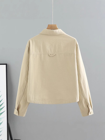 Moteriška džinsinė striukė, laisvas kirpimas, ilgos rankovės, polo apykaklė, ilgis 50–65 cm, japonų-korejiečių laisvas stilius