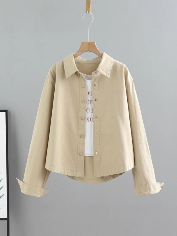 Moteriška džinsinė striukė, laisvas kirpimas, ilgos rankovės, polo apykaklė, ilgis 50–65 cm, japonų-korejiečių laisvas stilius