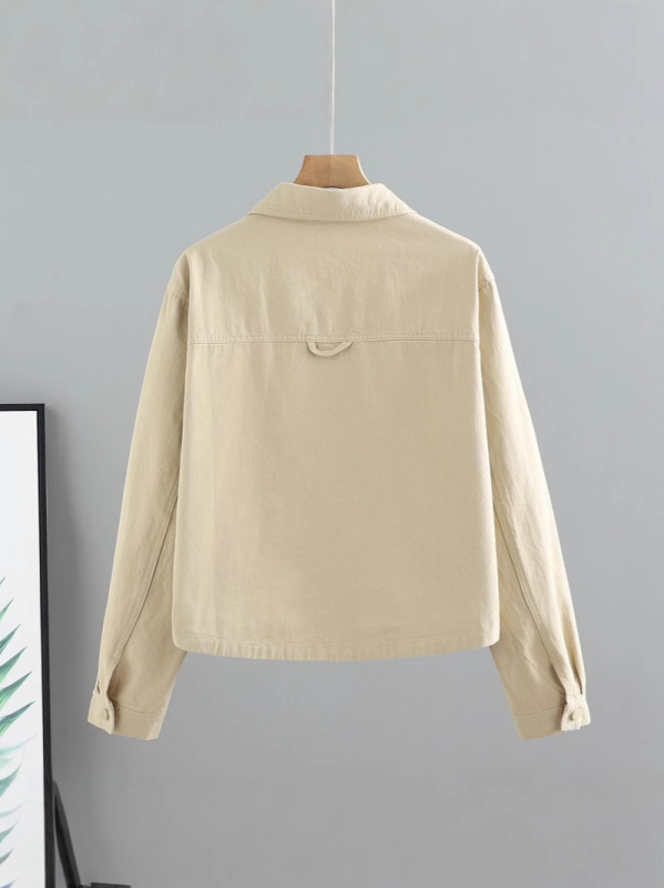 Moteriška džinsinė striukė, laisvas kirpimas, ilgos rankovės, polo apykaklė, ilgis 50–65 cm, japonų-korejiečių laisvas stilius