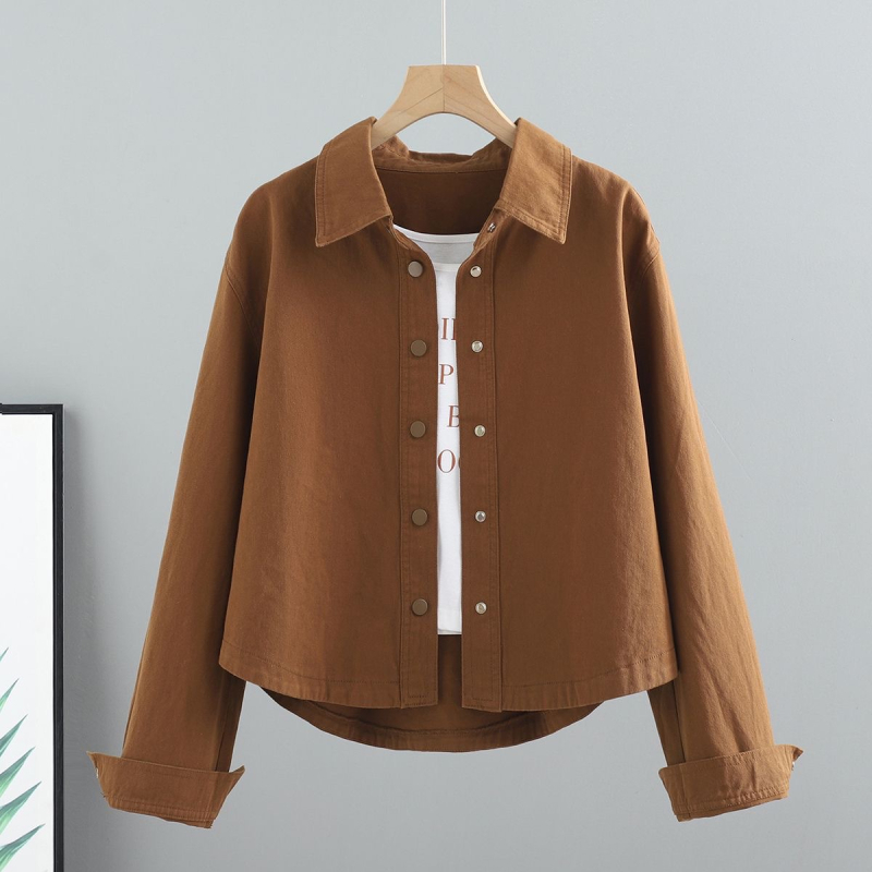 Moteriška džinsinė striukė, laisvas kirpimas, ilgos rankovės, polo apykaklė, ilgis 50–65 cm, japonų-korejiečių laisvas stilius