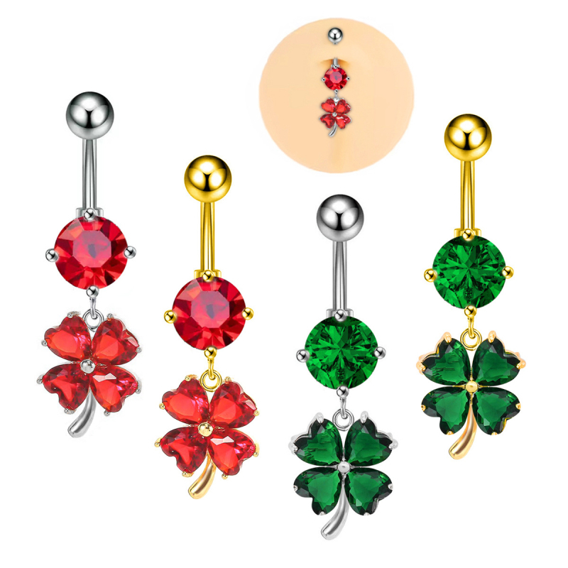Pupčani piercing s četverolistom detelom, od nehrđajućeg čelika, ženski modni stil (Materijal: Nehrđajući čelik; Stil: Moda, Žene; Oblik: Četverolist; Vrsta: Pupčani piercing; Obrada: Elektroplatiranje)