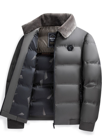 Zimska muška jakna od pamuka s labavim krojem, debelo punjenje imitacijom svile i pamuka, ovratnik tipa lapel, džepovi na zip, jednofarna, srednja dužina, bez kapulje
