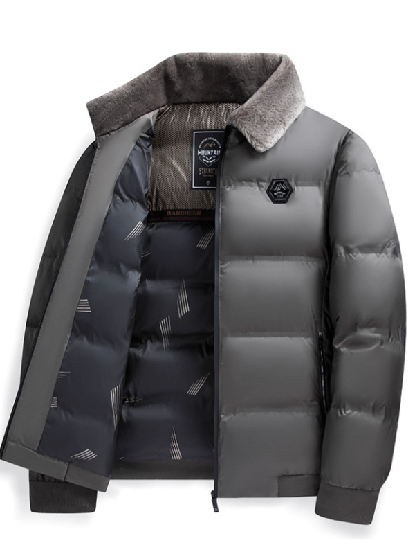 Zimska muška jakna od pamuka s labavim krojem, debelo punjenje imitacijom svile i pamuka, ovratnik tipa lapel, džepovi na zip, jednofarna, srednja dužina, bez kapulje