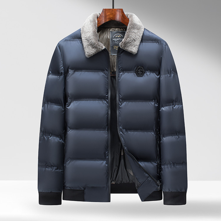 Zimska muška jakna od pamuka s labavim krojem, debelo punjenje imitacijom svile i pamuka, ovratnik tipa lapel, džepovi na zip, jednofarna, srednja dužina, bez kapulje