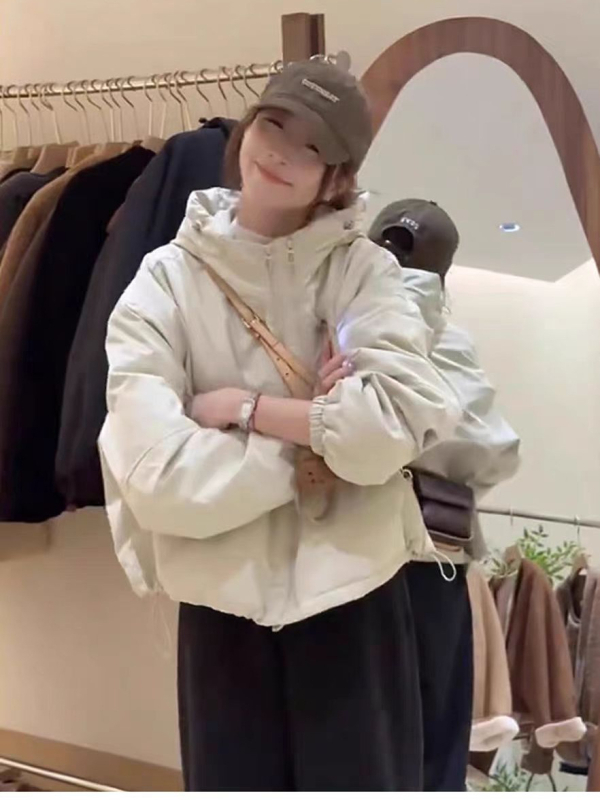 Dámska prešívaná bunda s kapucňou, polyester, hrubá, voľný strih, zips