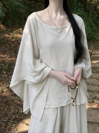 Hanfu inspiriran Zen stil Tee haljina s hlačama, komplet za žene, široki nepravilni gornji dio i hlače u planinskom stilu, tkanina 50-70% Spandex