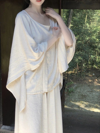 Hanfu inspiriran Zen stil Tee haljina s hlačama, komplet za žene, široki nepravilni gornji dio i hlače u planinskom stilu, tkanina 50-70% Spandex