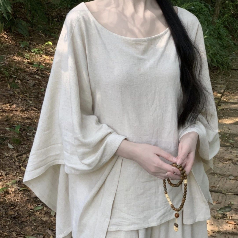 Hanfu inspiriran Zen stil Tee haljina s hlačama, komplet za žene, široki nepravilni gornji dio i hlače u planinskom stilu, tkanina 50-70% Spandex