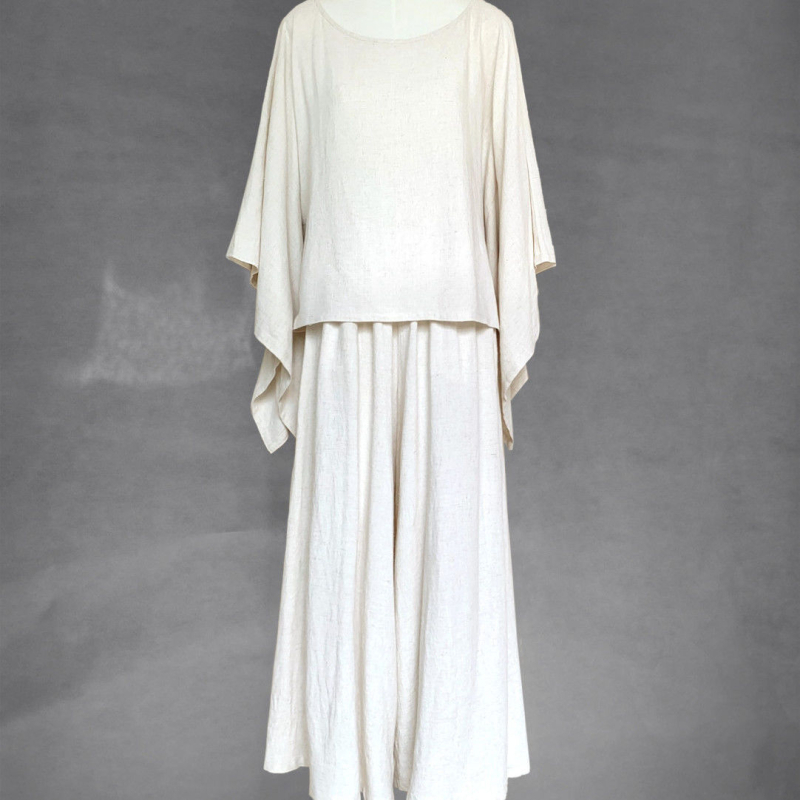 Hanfu inspiriran Zen stil Tee haljina s hlačama, komplet za žene, široki nepravilni gornji dio i hlače u planinskom stilu, tkanina 50-70% Spandex