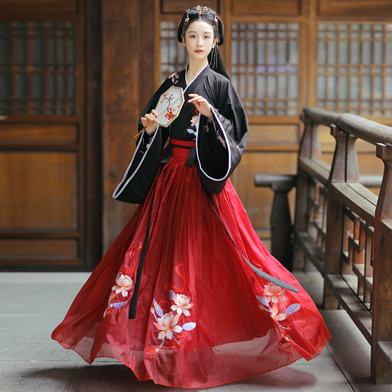 Ženska Hanfu haljina – kineski stil Wei-Jin, križni ovratnik, haljina do struka s izšivkom, mješavina poliestera-spandeksa
