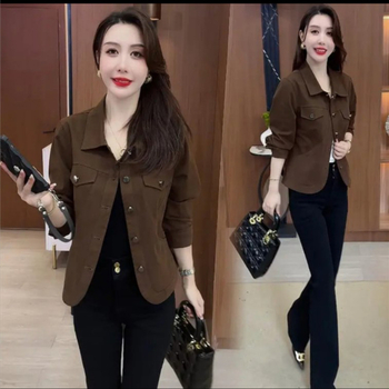 Moteriškas medvilninis švarkas su apykakle, ilgomis rankovėmis, vidutinio ilgio, 2025 ruduo, kasdienio įvaizdžio stilius